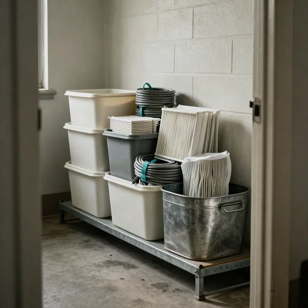 Utility shelf with bins, filters, cable bundle, and metal tote in dusty side light.
