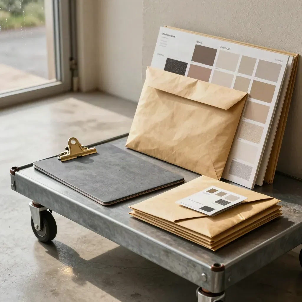 Metal cart with sealed envelopes, face-down clipboard, and samples beside a misty loading bay.