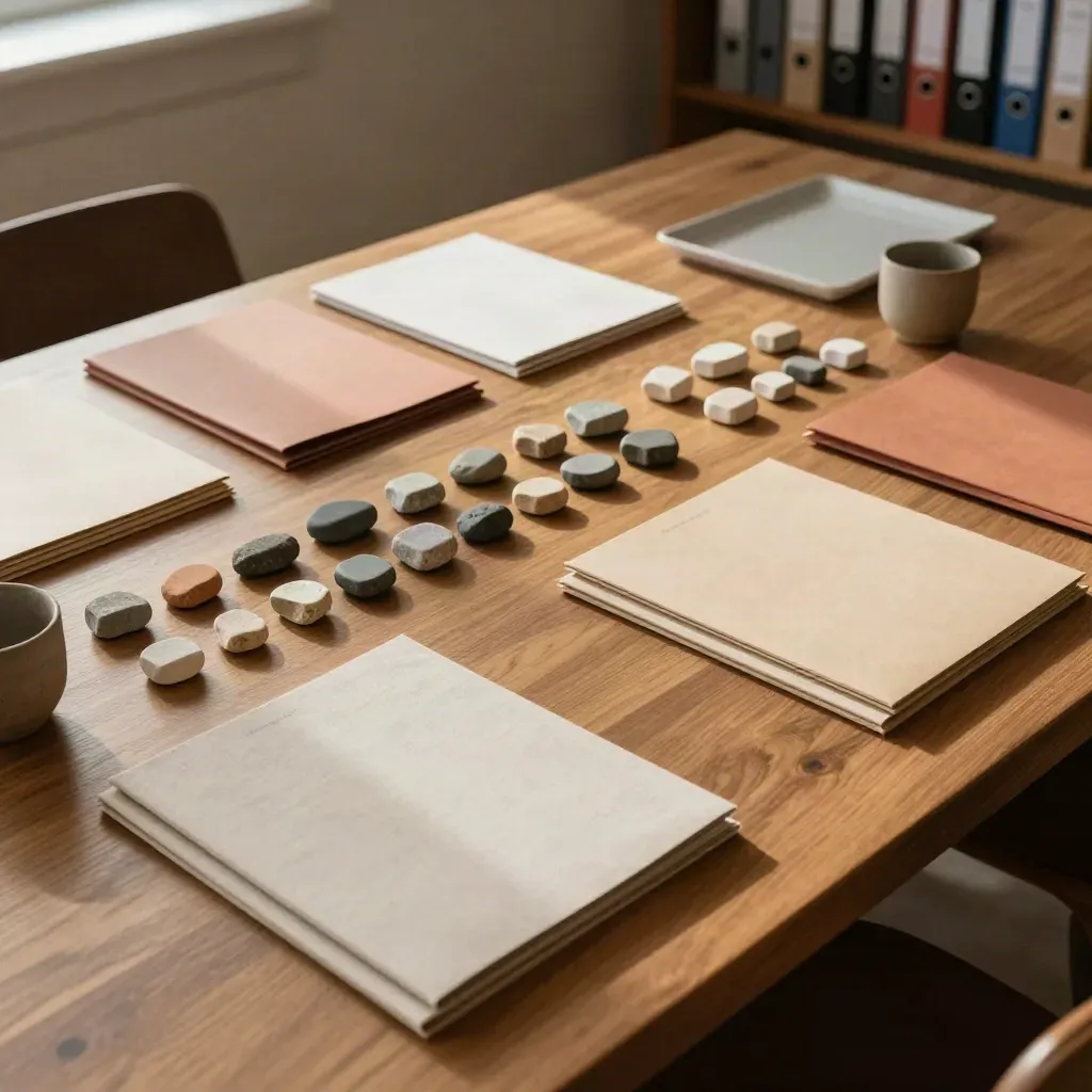 Angled top-down consulting table with offer folders, trays, and stone markers in warm daylight.